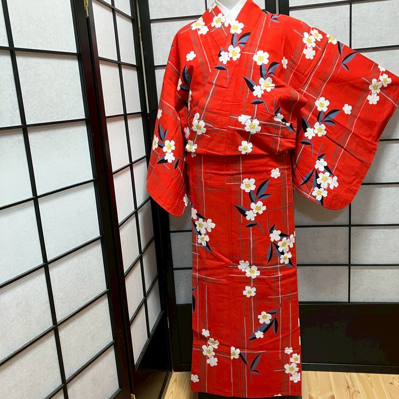 ［9446］浴衣 格子草花文様 ゆかた レディース リメイク 綿