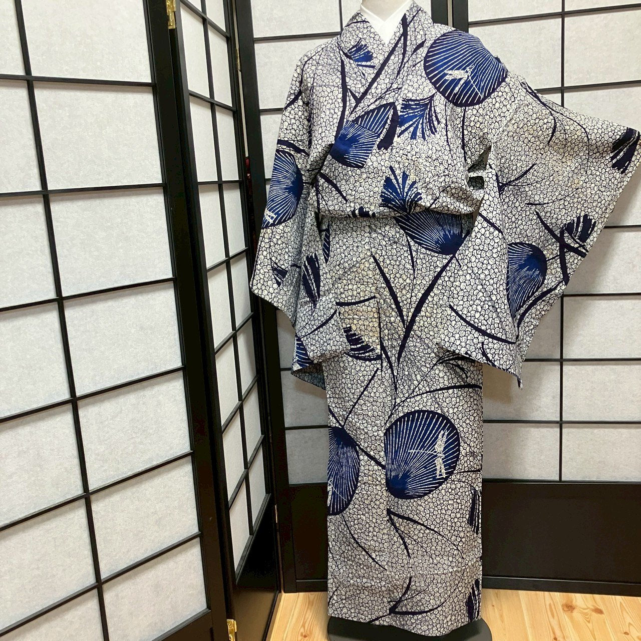 ［9068］浴衣 トンボ団扇文様 うちわ 綿 ゆかた レディース リメイク