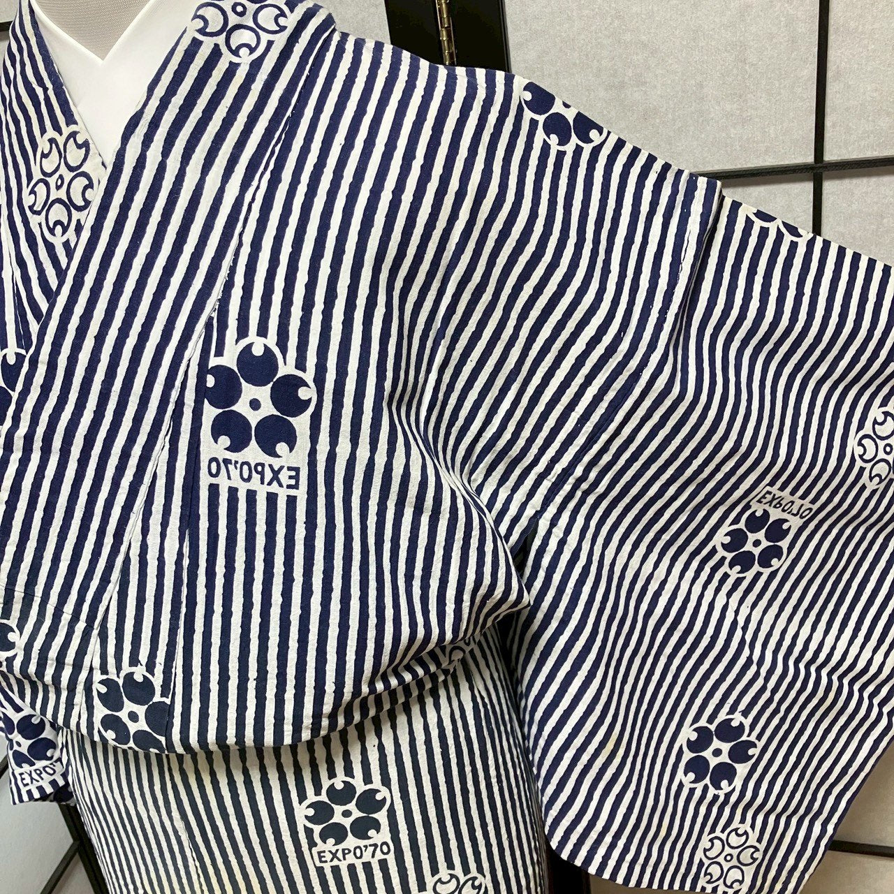 ［9063］浴衣 EXPO'70 縞帳 綿 ゆかた レディース リメイク