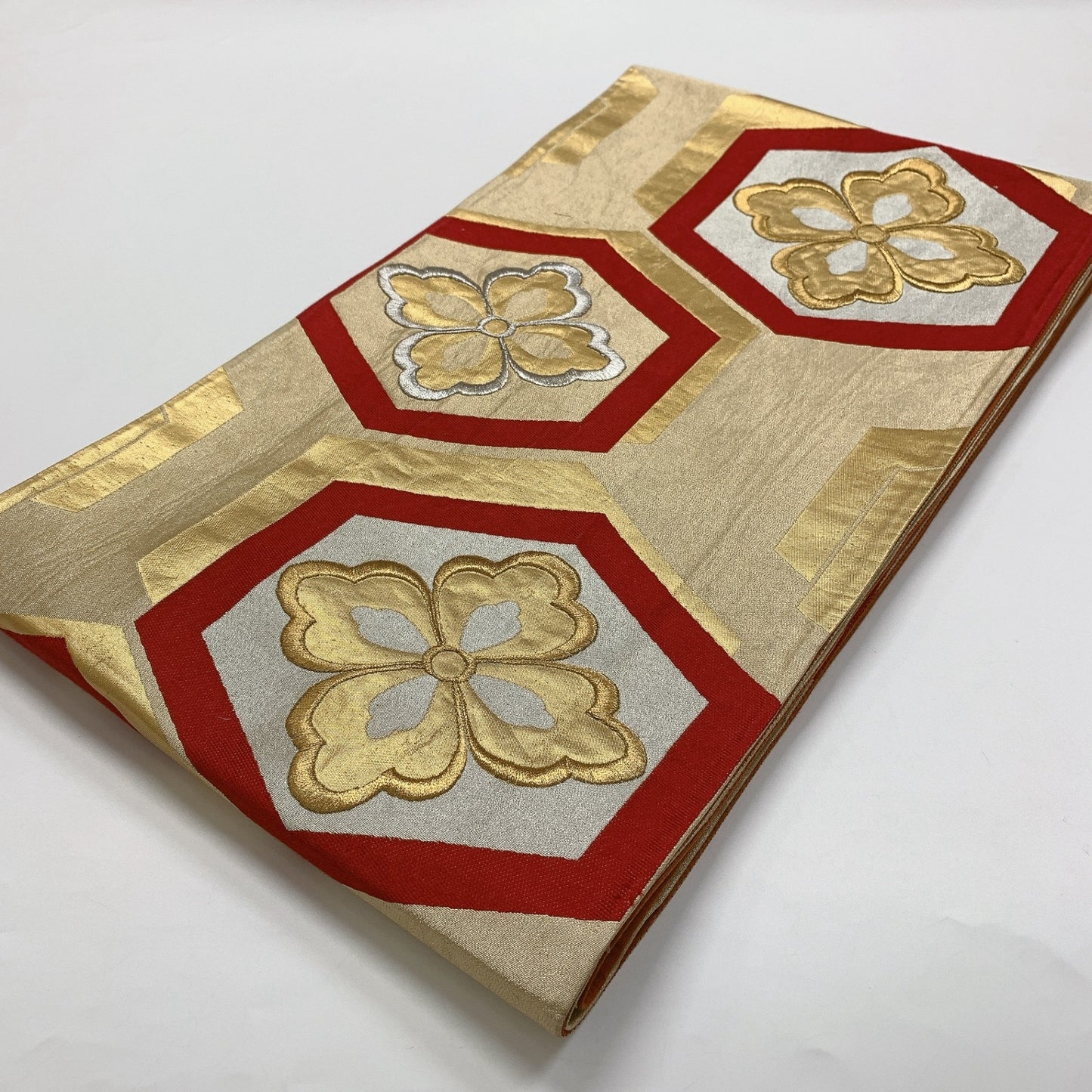 ［8979］袋帯 花菱亀甲文様 金銀彩 六通 正絹 着物 フォーマル