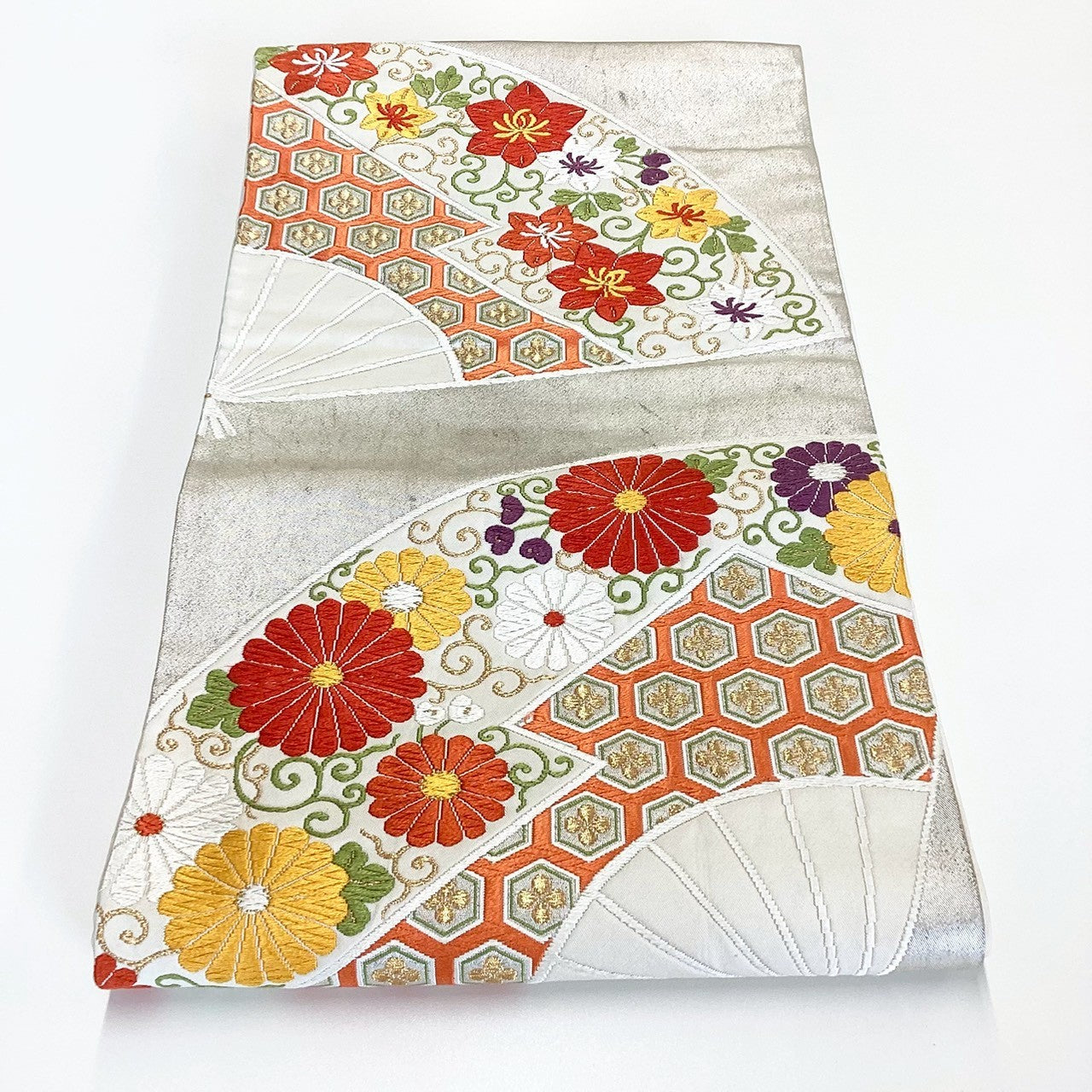 ［8848］袋帯 扇草花亀甲文様 刺繍 六通 正絹 着物 フォーマル