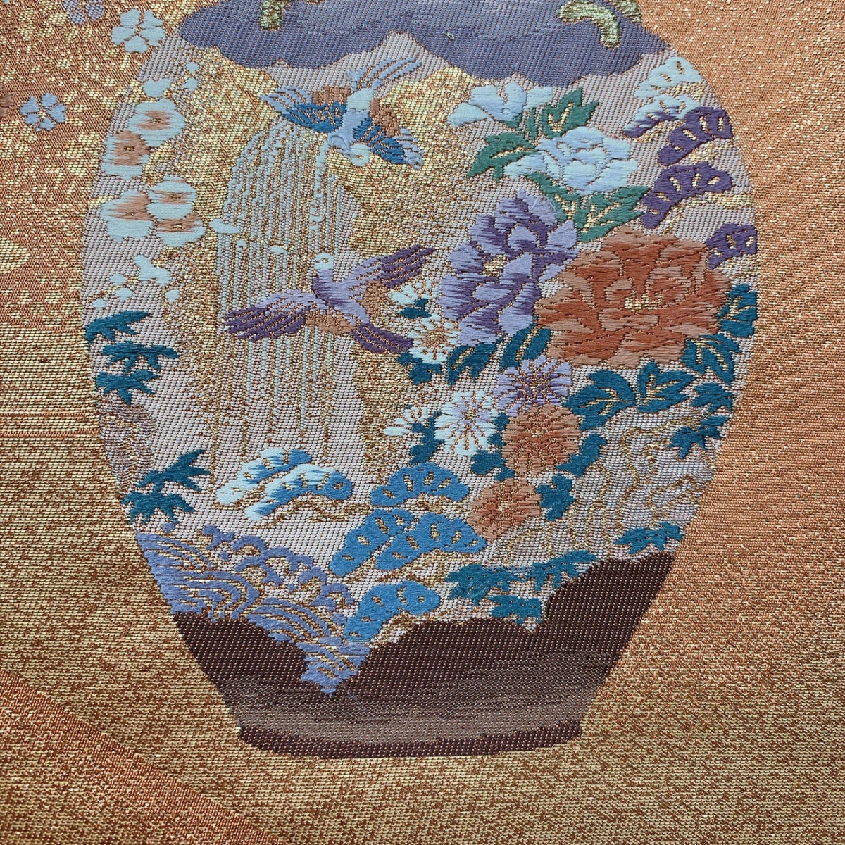 ［9393］名古屋帯 舞鶴花瓶文様 金彩 落款有 九寸 正絹 着物