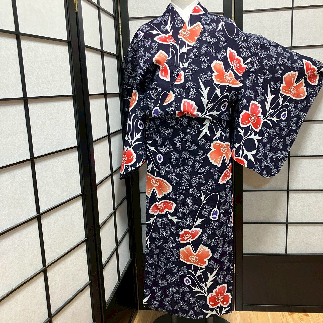 ［9464］浴衣 美品 草花舞鶴文様 ゆかた レディース リメイク 綿
