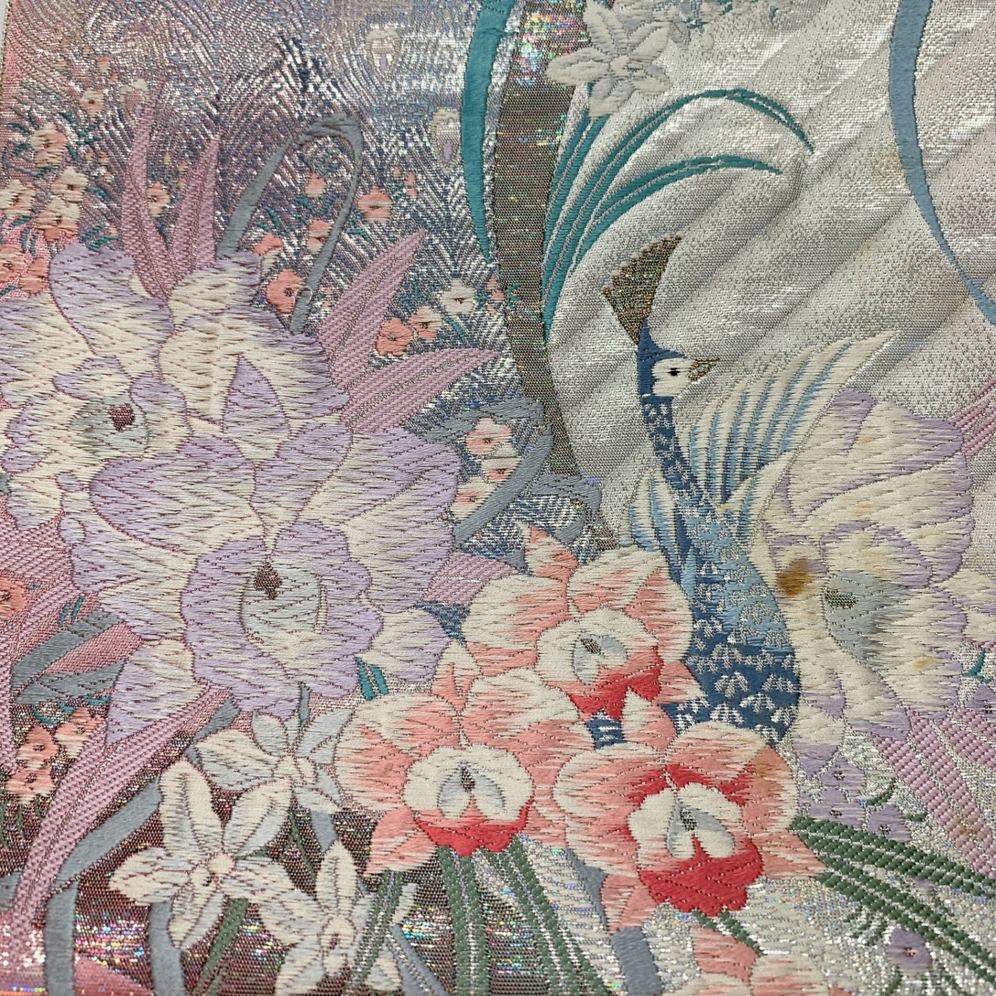 ［8966］袋帯 孔雀草花文様 刺繍 六通 正絹 着物 フォーマル