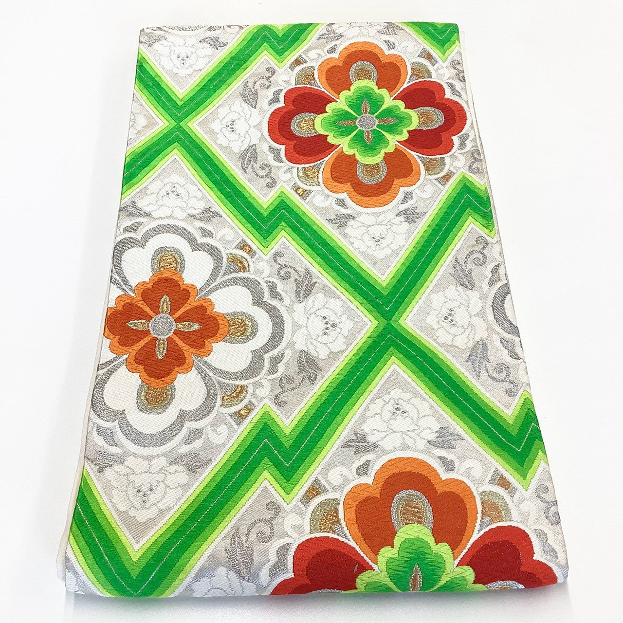 ［8902］袋帯 花菱文様 刺繍 銀彩 六通 正絹 着物 フォーマル