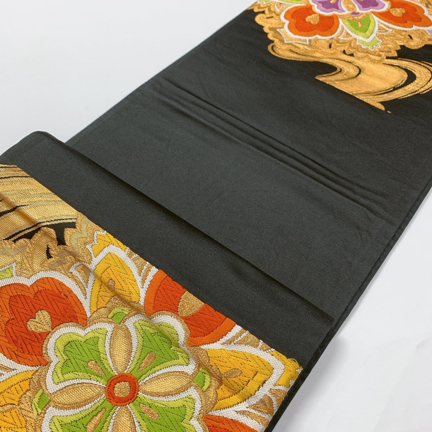 ［8981］袋帯 花菱流水文様 刺繍 金彩 黒 六通 正絹 着物 フォーマル