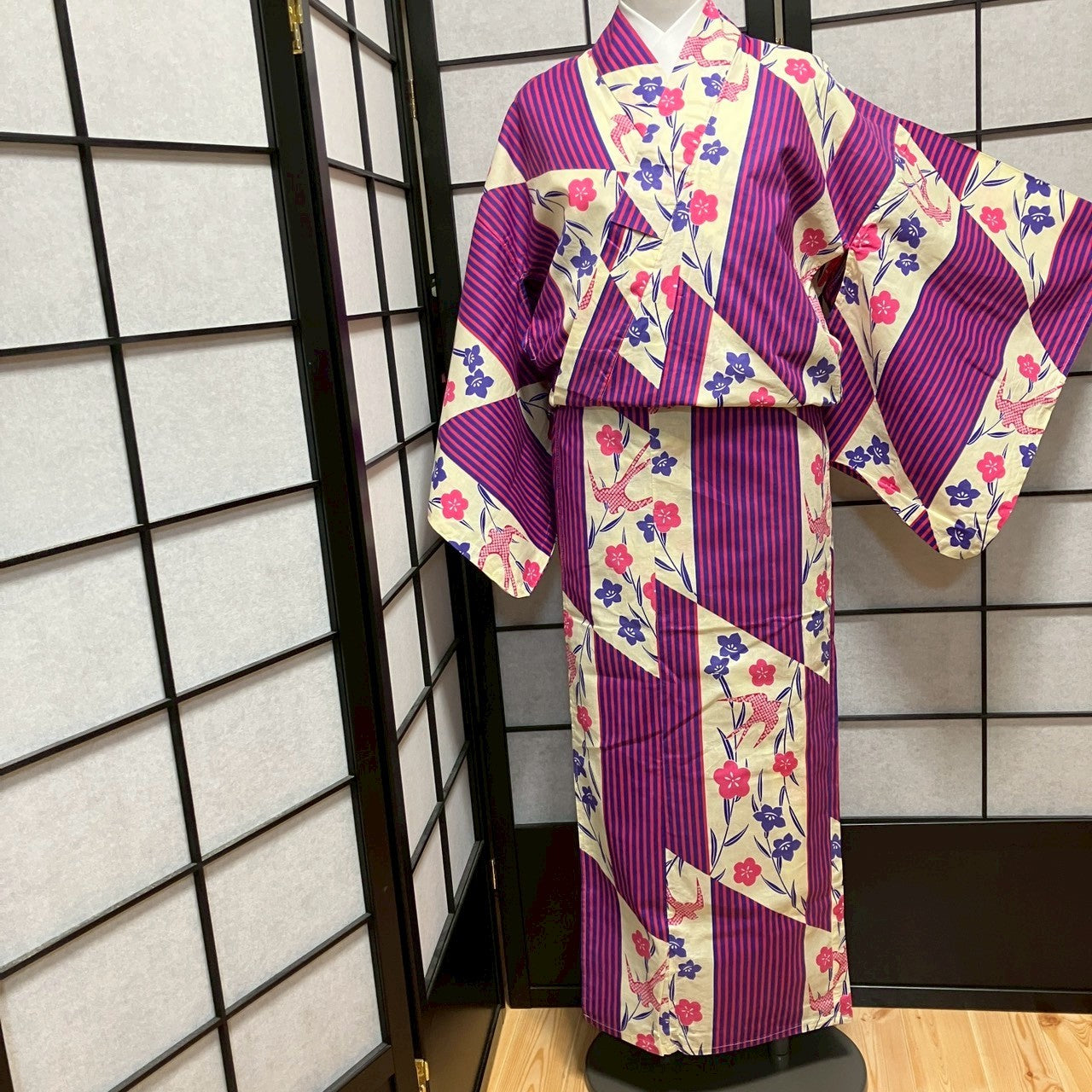 ［9082］浴衣 美品 縞帳花燕文様 綿 ゆかた レディース リメイク