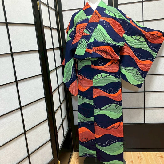 9467# Japanese Yukata Womens Vintage Fabric Cotton Robe Kimono Traditional
