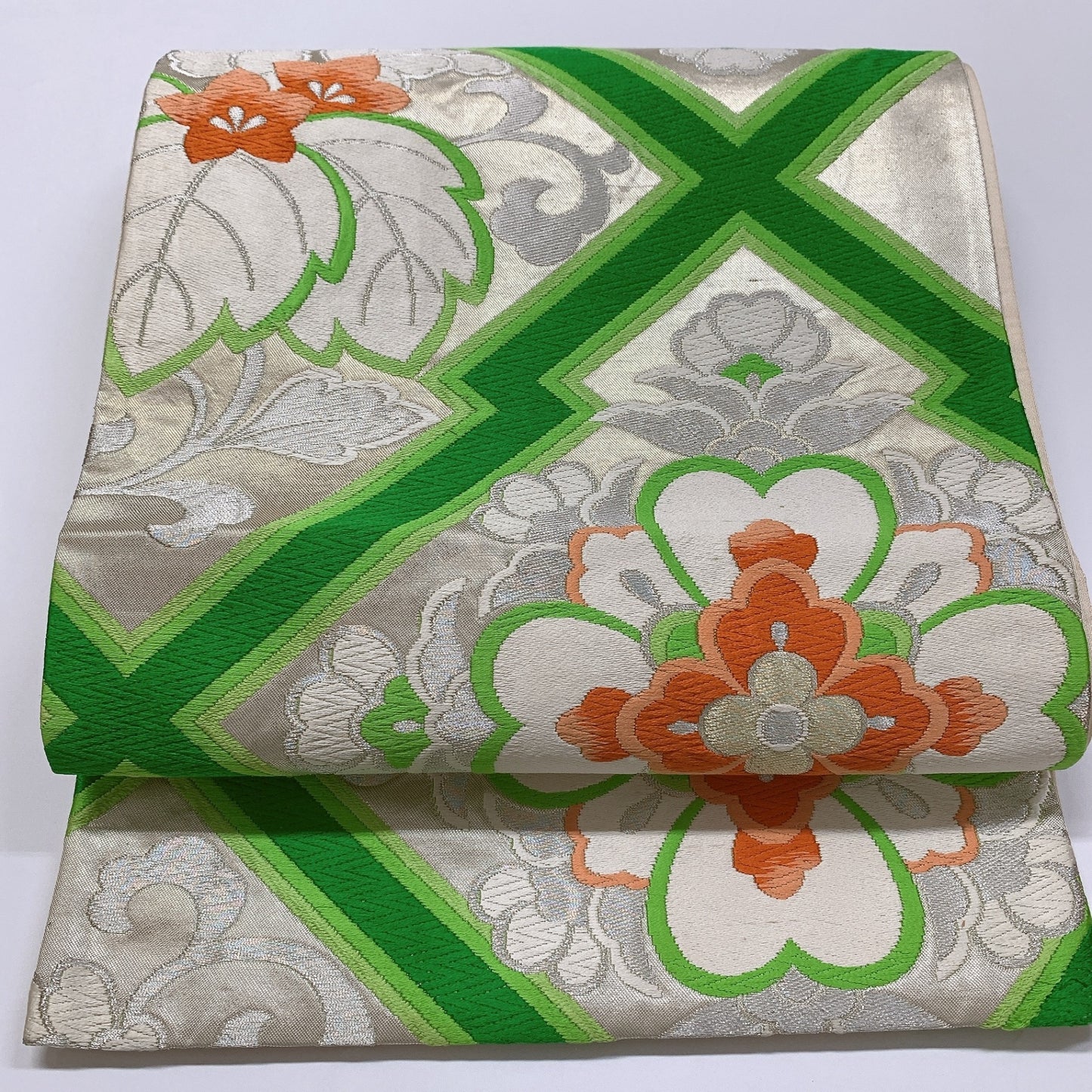 ［8951］袋帯 桐花松皮菱文様 刺繍 六通 正絹 着物 フォーマル
