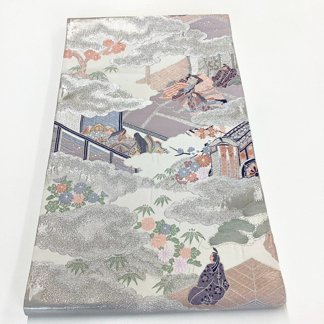 ［8890］袋帯 源氏物語 雲取文様 銀糸 六通 正絹 着物 フォーマル