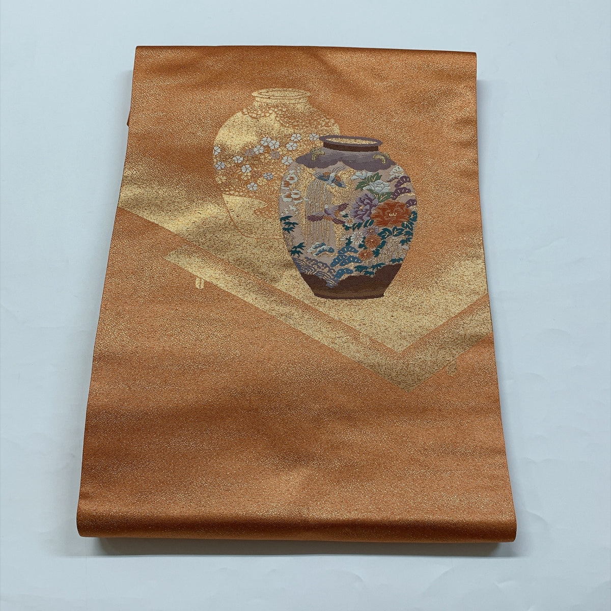 ［9393］名古屋帯 舞鶴花瓶文様 金彩 落款有 九寸 正絹 着物