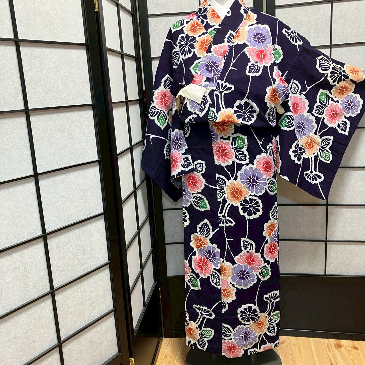 ［9103］浴衣 草花文様 腰紐付き 綿 レディース ゆかた リメイク