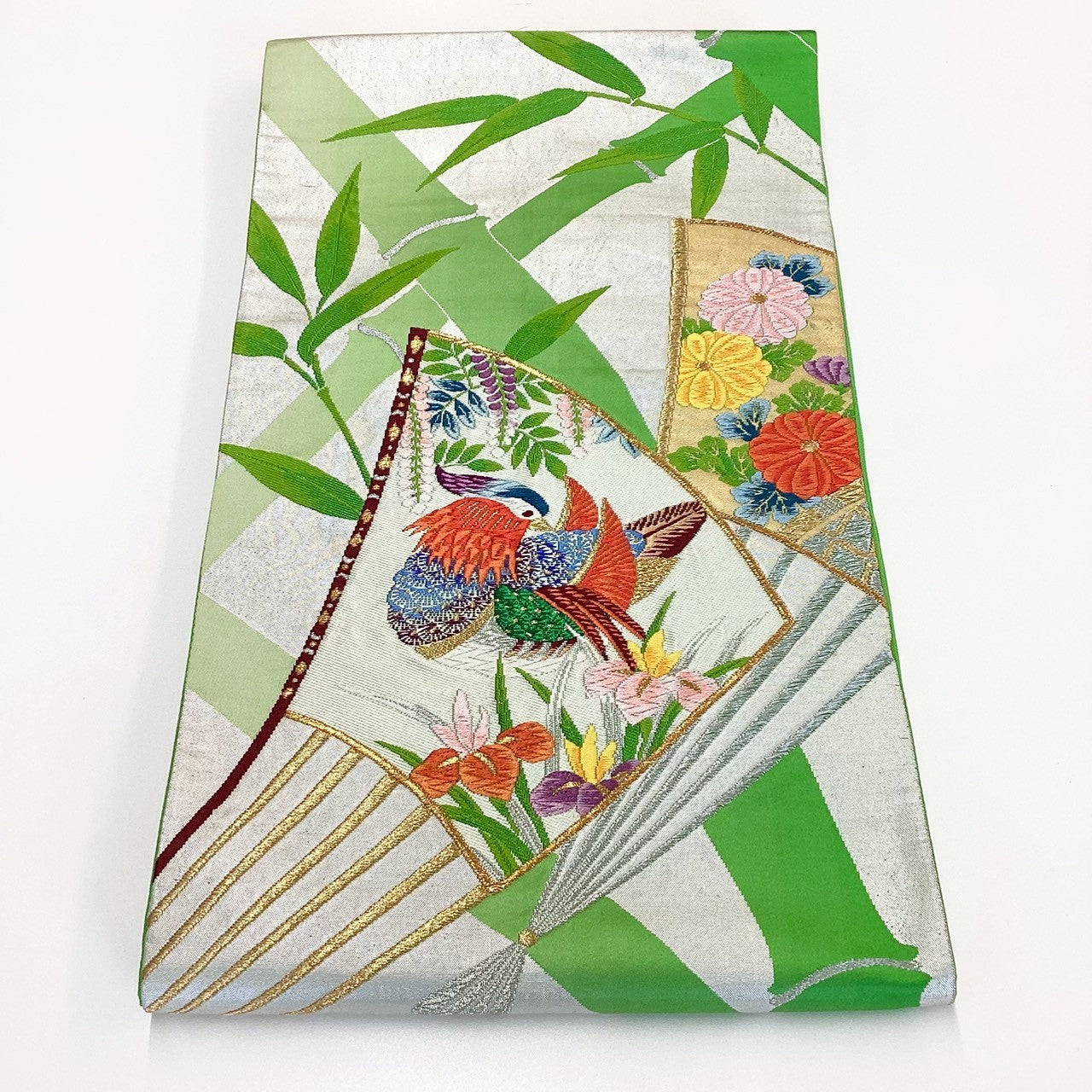 ［8821］袋帯 笹竹扇鴛鴦花文様 刺繍 六通 正絹 着物 フォーマル