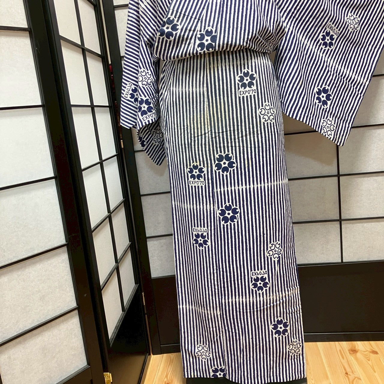 ［9063］浴衣 EXPO'70 縞帳 綿 ゆかた レディース リメイク