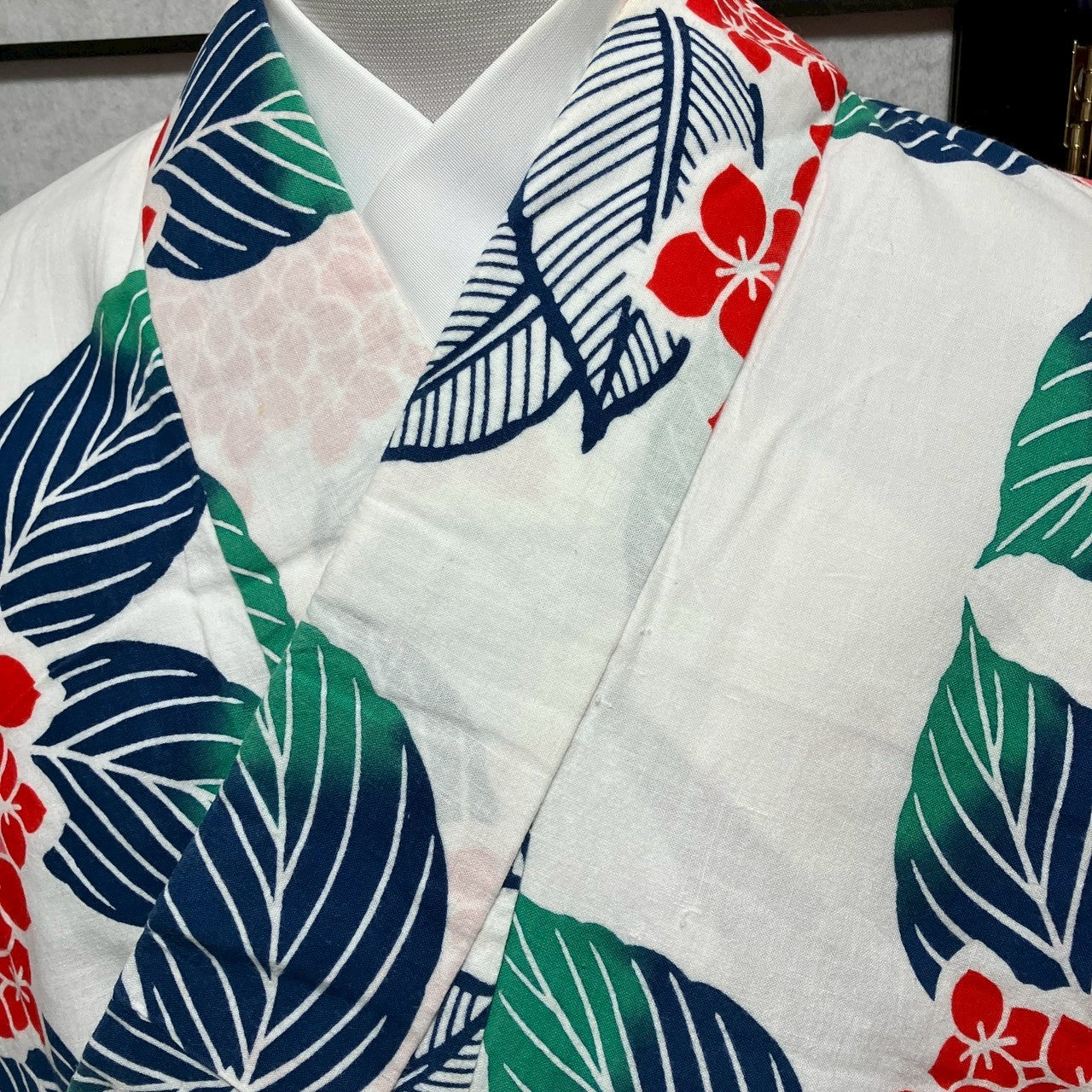 ［9430］浴衣 あじさい 紫陽花文様 ゆかた 綿 リメイク 白 レディース