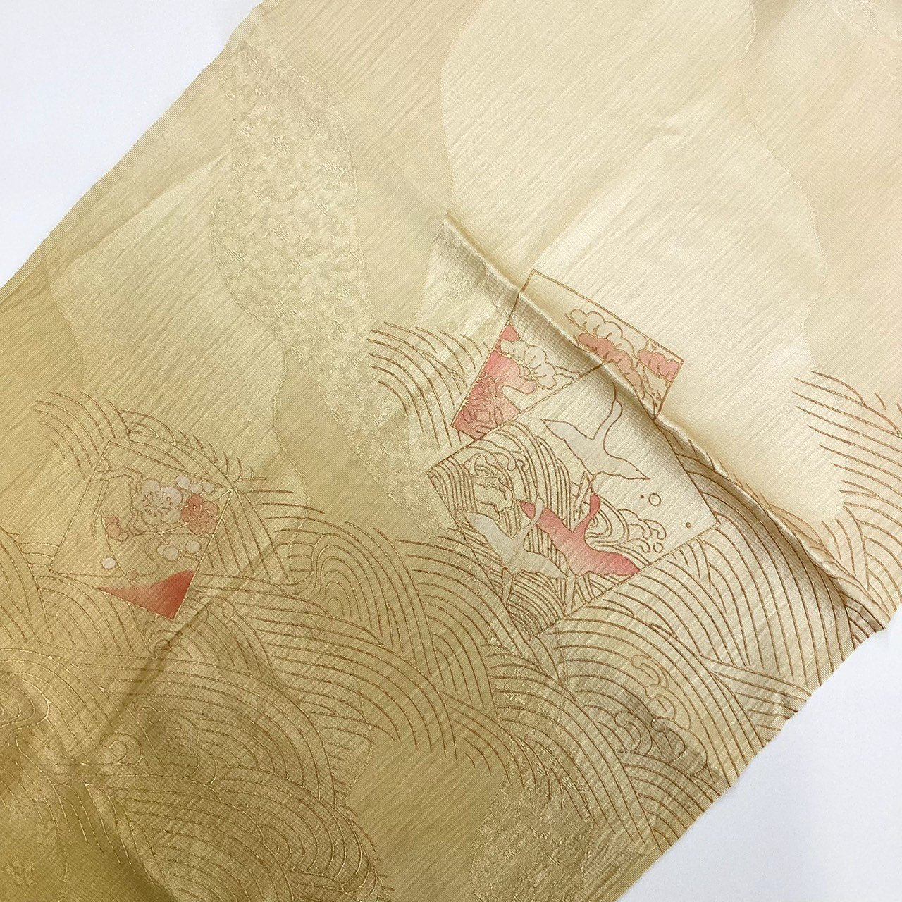 ［8504］帯締め 帯揚げ セット 松舞蝶立波色紙文様 金彩 正絹 着物 帯絞め