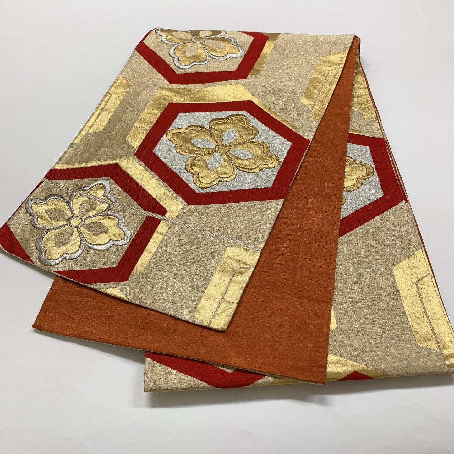 ［8979］袋帯 花菱亀甲文様 金銀彩 六通 正絹 着物 フォーマル