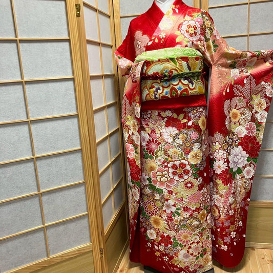5460# Japanese Vintage Furisode Kimono Obi Obijime Obiage 4-Piece Set Silk Robe
