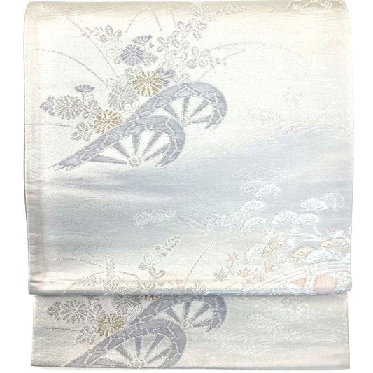 4925# Japanese Vintage Fukuro Obi Belt Kimono Fabric Silk Traditional Silver