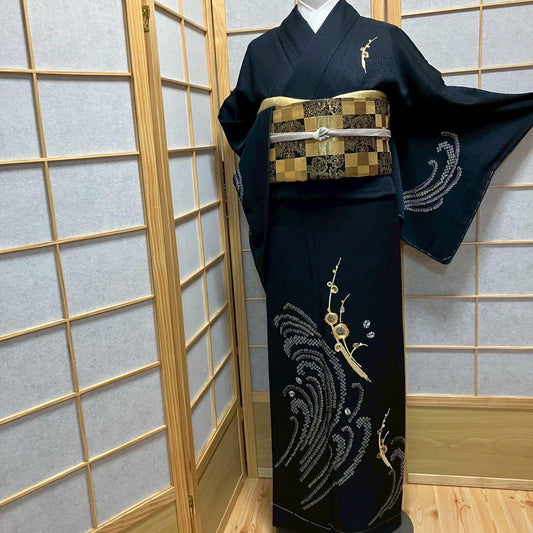 4421# Japanese Kimono Vintage Womens Silk Fabric Robe Kimono only sold Unused
