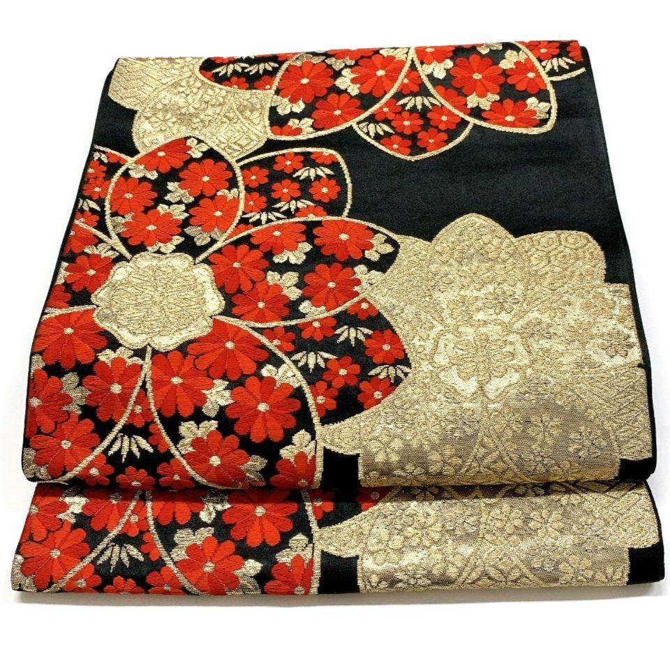 5085# Japanese Vintage Fukuro Obi Belt Kimono Fabric Silk Traditional Black