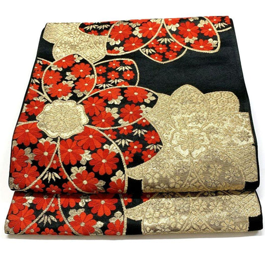 5085# Japanese Vintage Fukuro Obi Belt Kimono Fabric Silk Traditional Black