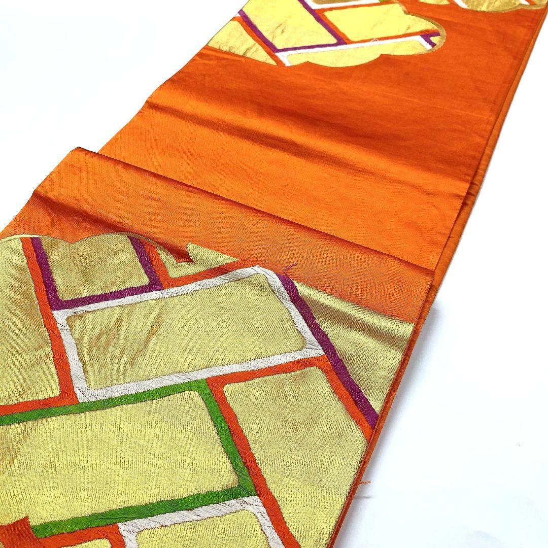 3814# Japanese Vintage Fukuro Obi Belt Kimono Fabric Silk Traditional Orange