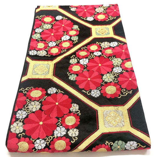 3782# Japanese Vintage Fukuro Obi Belt Kimono Fabric Silk Traditional Black　