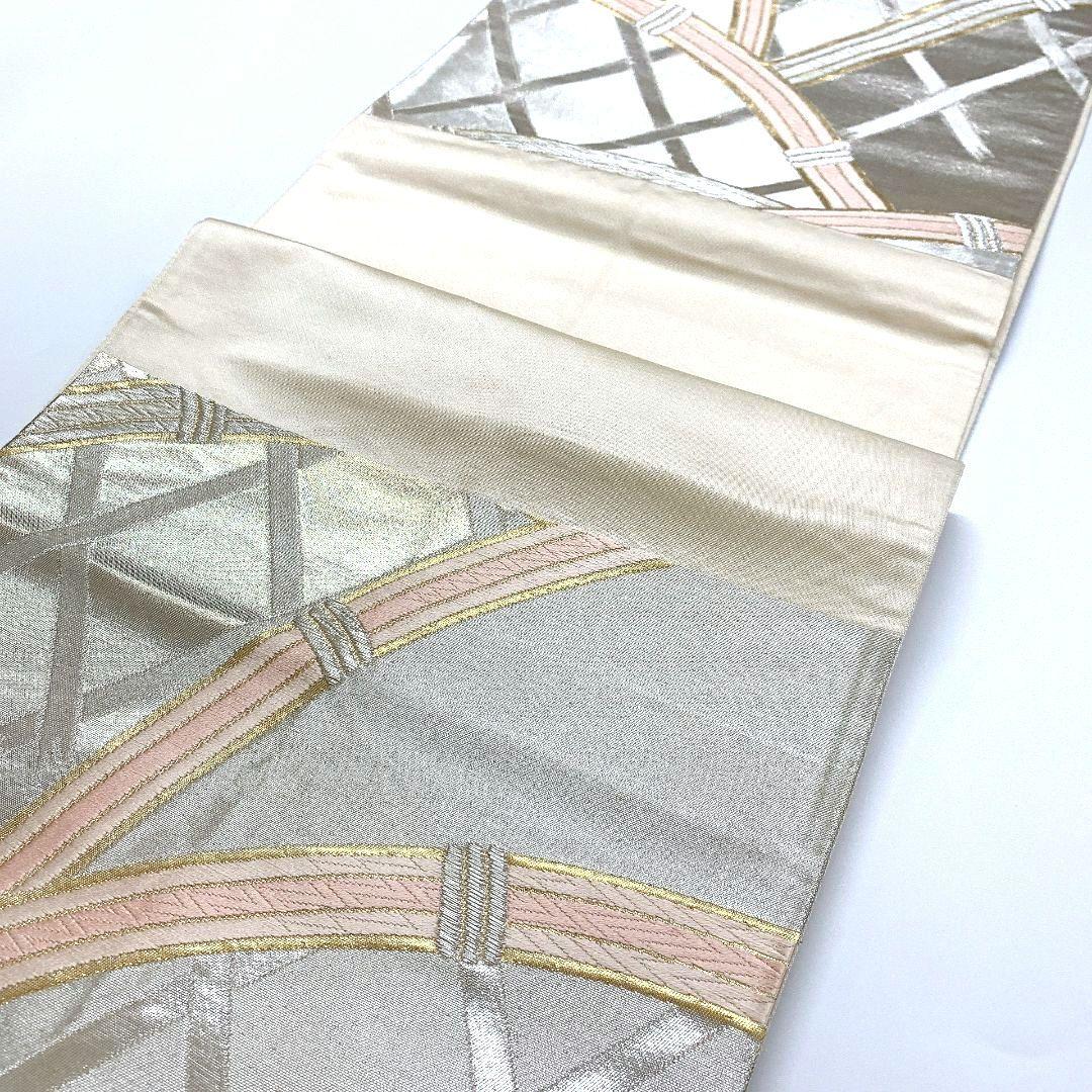 4484# Japanese Vintage Fukuro Obi Belt Kimono Fabric Silk Traditional Silver