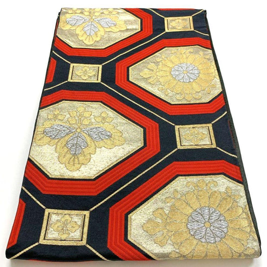 3825# Japanese Vintage Fukuro Obi Belt Kimono Fabric Silk Traditional Black