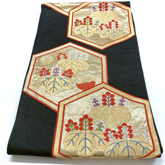 5049# Japanese Vintage Fukuro Obi Belt Kimono Fabric Silk Traditional Black