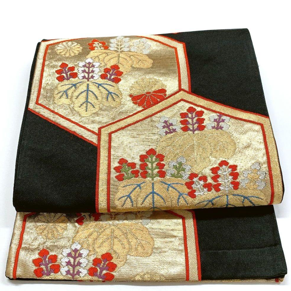 5049# Japanese Vintage Fukuro Obi Belt Kimono Fabric Silk Traditional Black