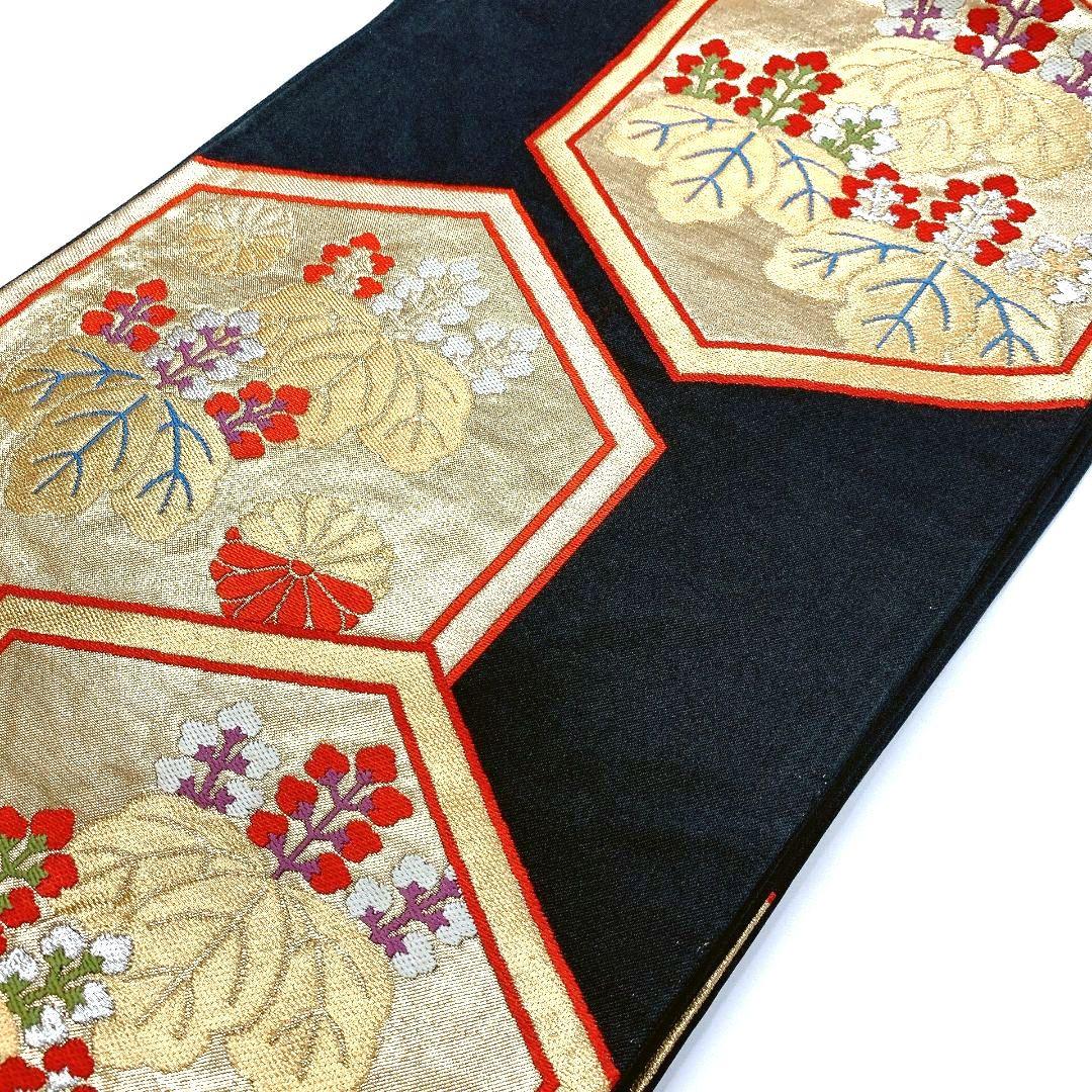 5049# Japanese Vintage Fukuro Obi Belt Kimono Fabric Silk Traditional Black