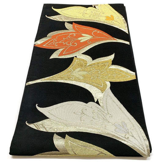 5053# Japanese Vintage Fukuro Obi Belt Kimono Fabric Silk Traditional Black
