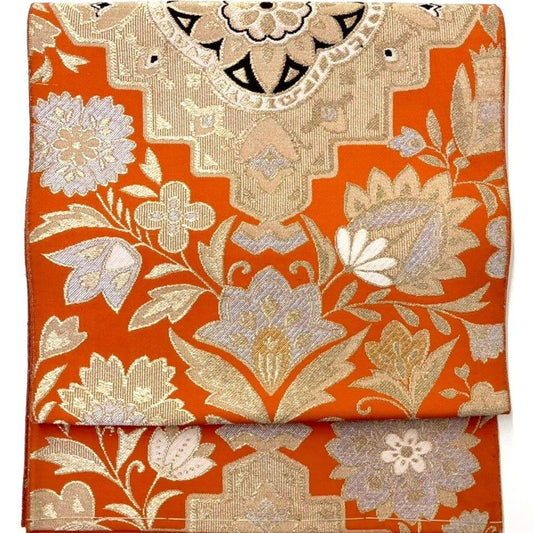 3589# Japanese Vintage Fukuro Obi Belt Kimono Fabric Silk Traditional Orange