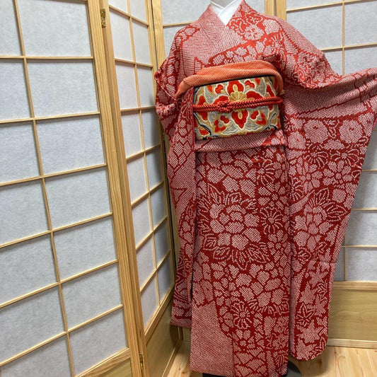 3135# Japanese Vintage Furisode Kimono Obi Obijime Obiage 4-Piece Set Silk Robe