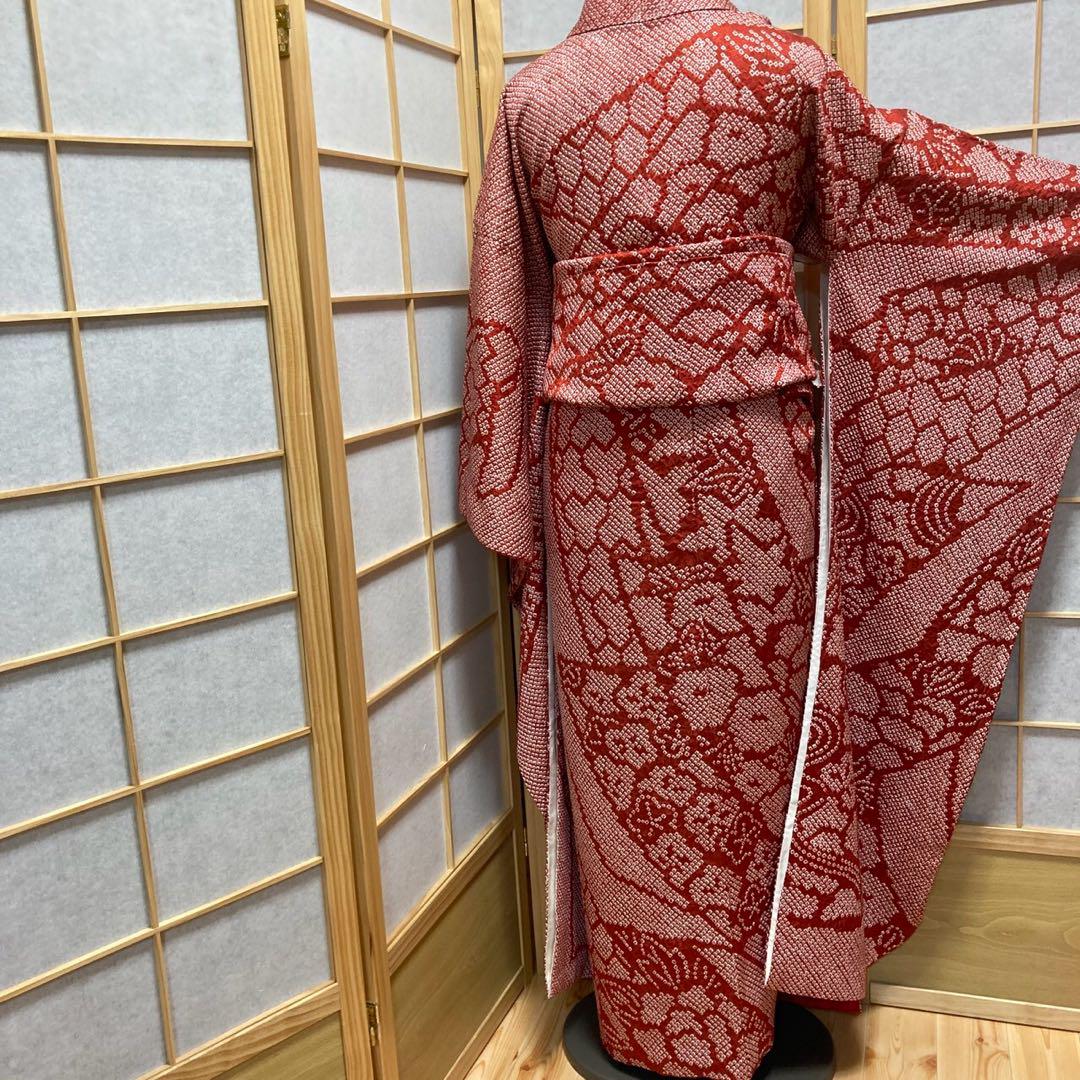 3135# Japanese Vintage Furisode Kimono Obi Obijime Obiage 4-Piece Set Silk Robe