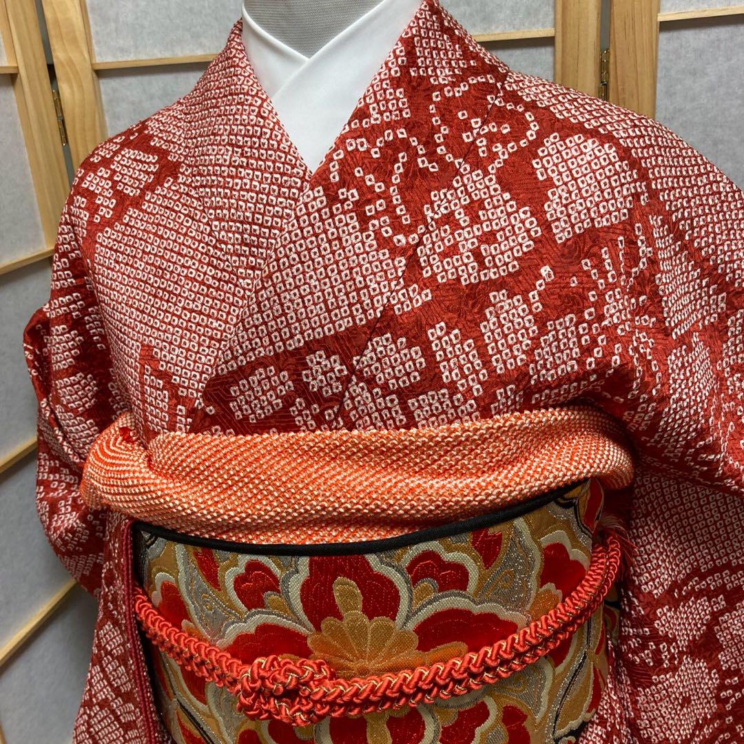 3135# Japanese Vintage Furisode Kimono Obi Obijime Obiage 4-Piece Set Silk Robe