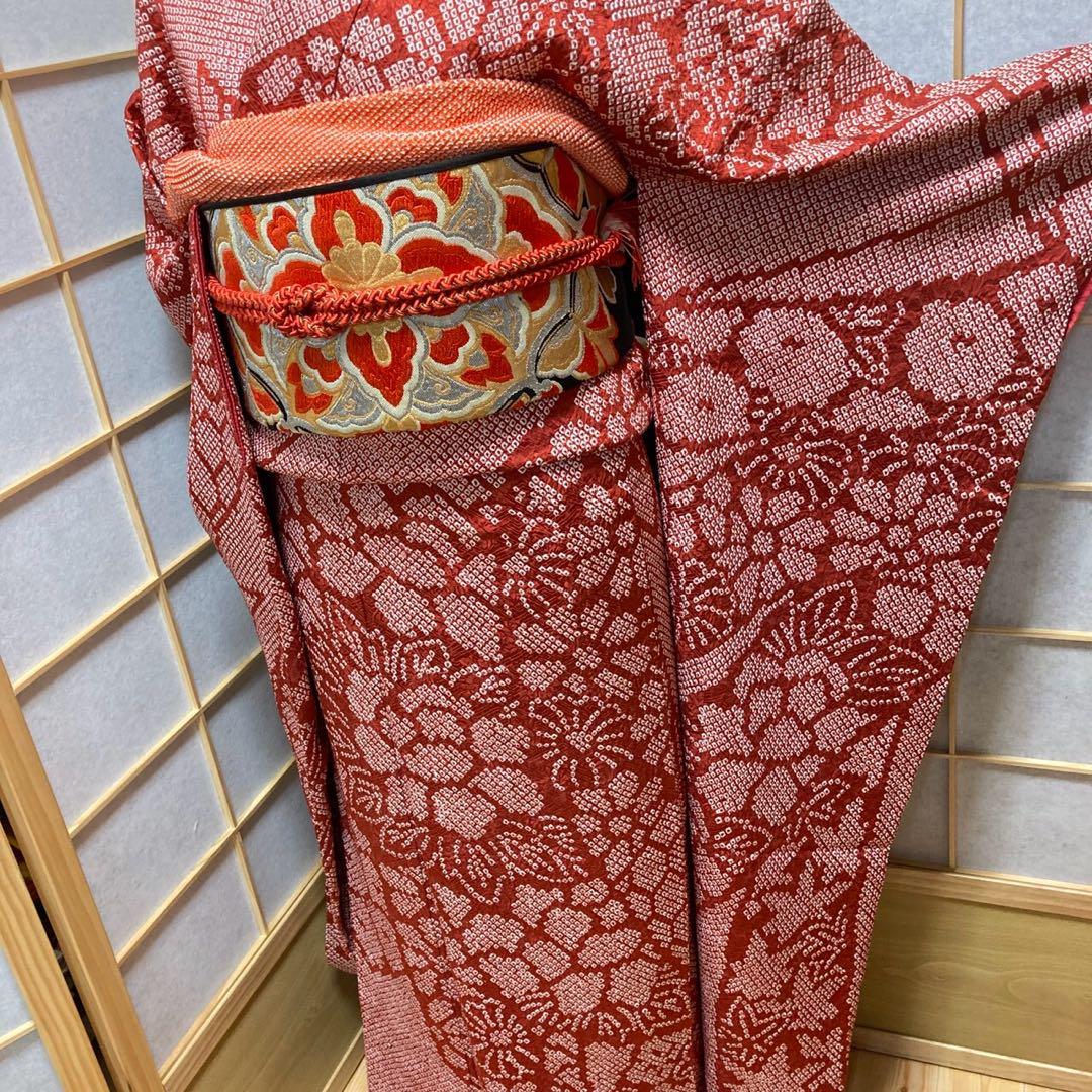3135# Japanese Vintage Furisode Kimono Obi Obijime Obiage 4-Piece Set Silk Robe