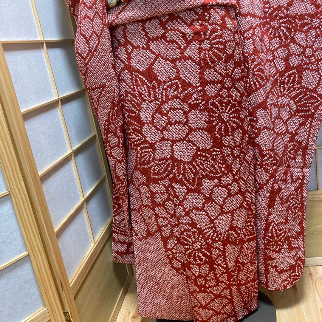 3135# Japanese Vintage Furisode Kimono Obi Obijime Obiage 4-Piece Set Silk Robe
