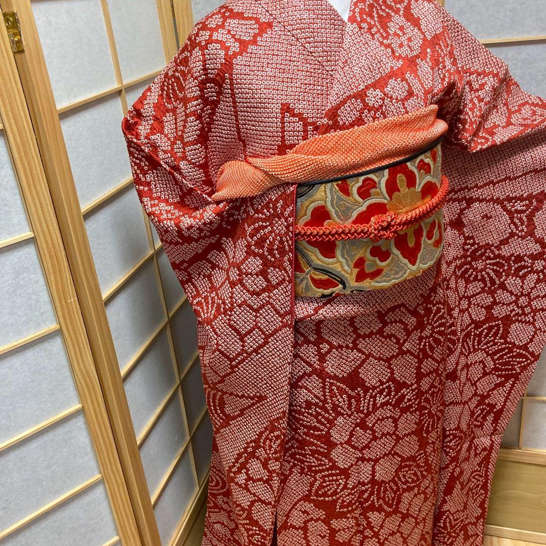 3135# Japanese Vintage Furisode Kimono Obi Obijime Obiage 4-Piece Set Silk Robe