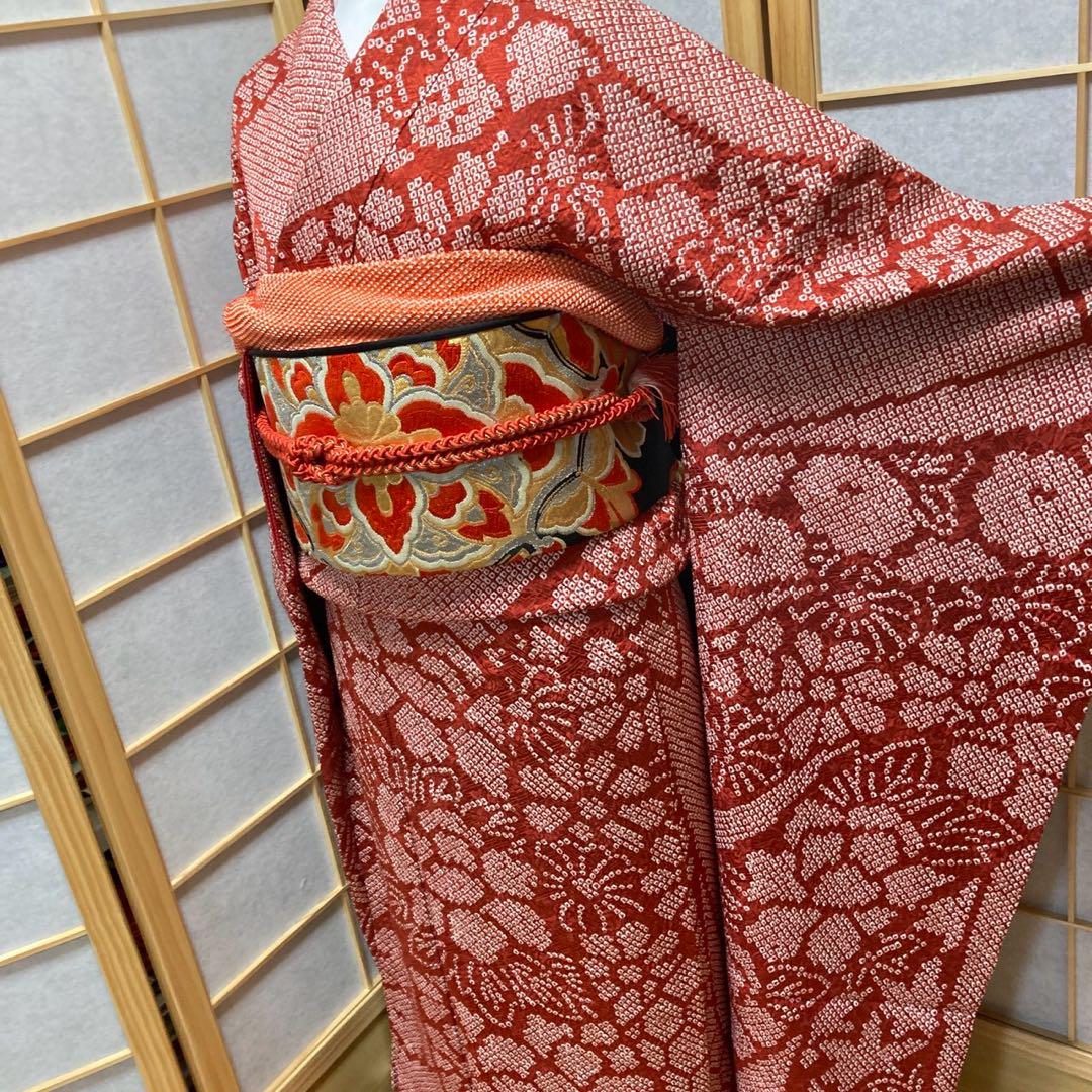 3135# Japanese Vintage Furisode Kimono Obi Obijime Obiage 4-Piece Set Silk Robe