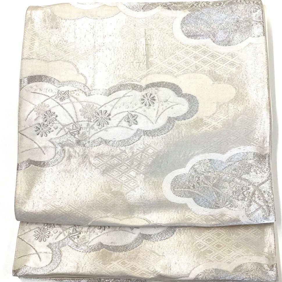4245# Japanese Vintage Fukuro Obi Belt Kimono Fabric Silk Traditional Silver