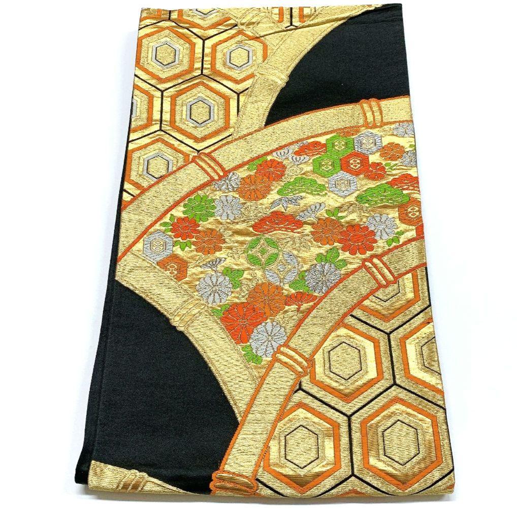 4127# Japanese Vintage Fukuro Obi Belt Kimono Fabric Silk Traditional Black