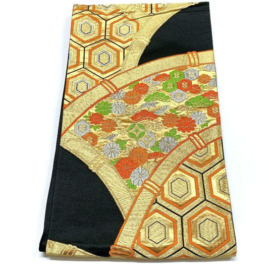 4127# Japanese Vintage Fukuro Obi Belt Kimono Fabric Silk Traditional Black