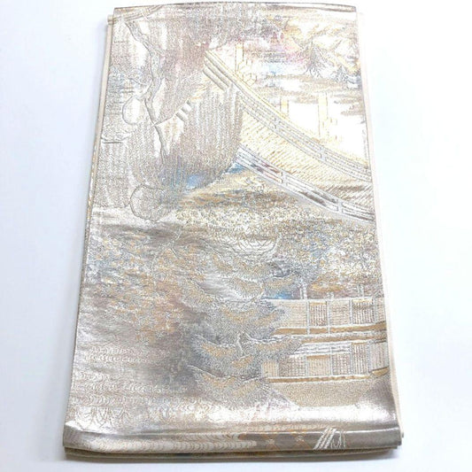 2749# Japanese Vintage Fukuro Obi Belt Kimono Fabric Silk Traditional Silver