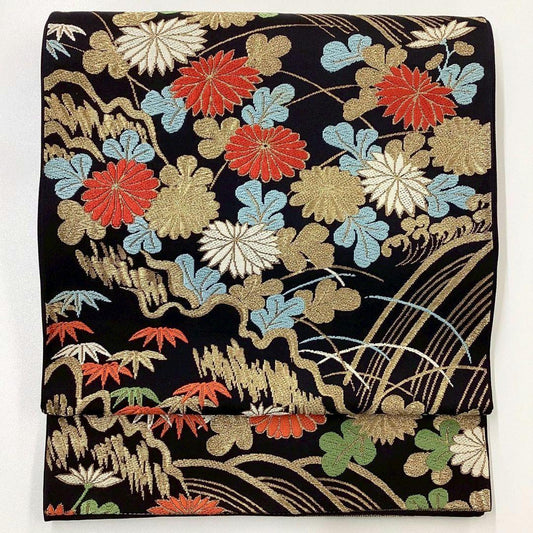 4994# Japanese Vintage Fukuro Obi Belt Kimono Fabric Silk Traditional Black