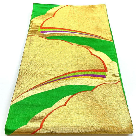 4532# Japanese Vintage Fukuro Obi Belt Kimono Fabric Silk Traditional Green