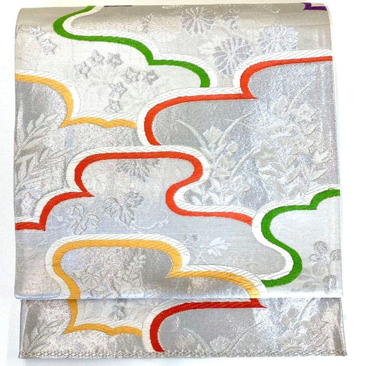 5216# Japanese Vintage Fukuro Obi Belt Kimono Fabric Silk Traditional Silver