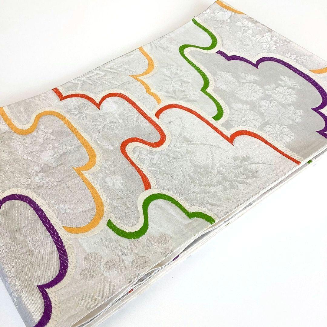5216# Japanese Vintage Fukuro Obi Belt Kimono Fabric Silk Traditional Silver